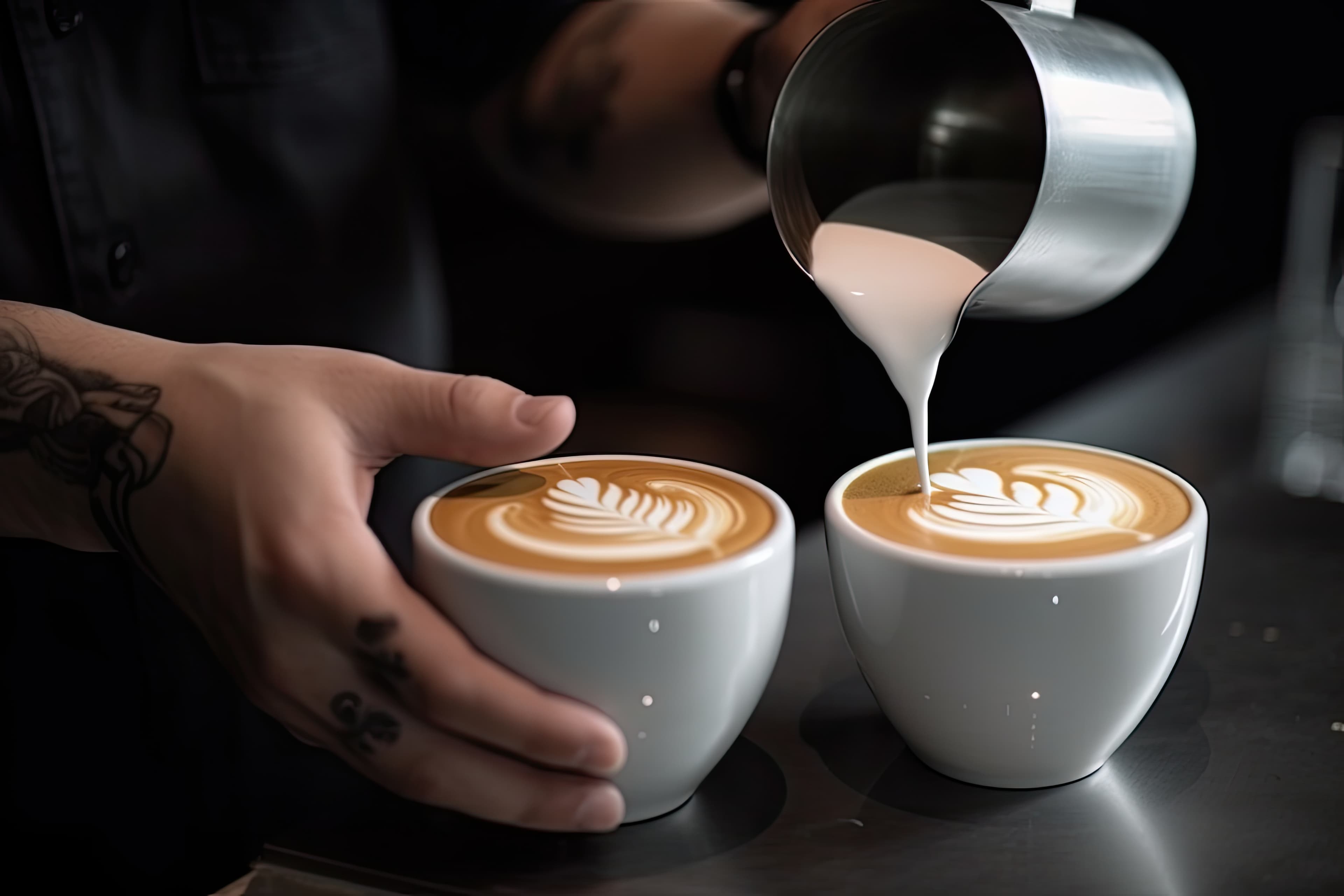 A barista pouring steamed milk into a cup of espresso