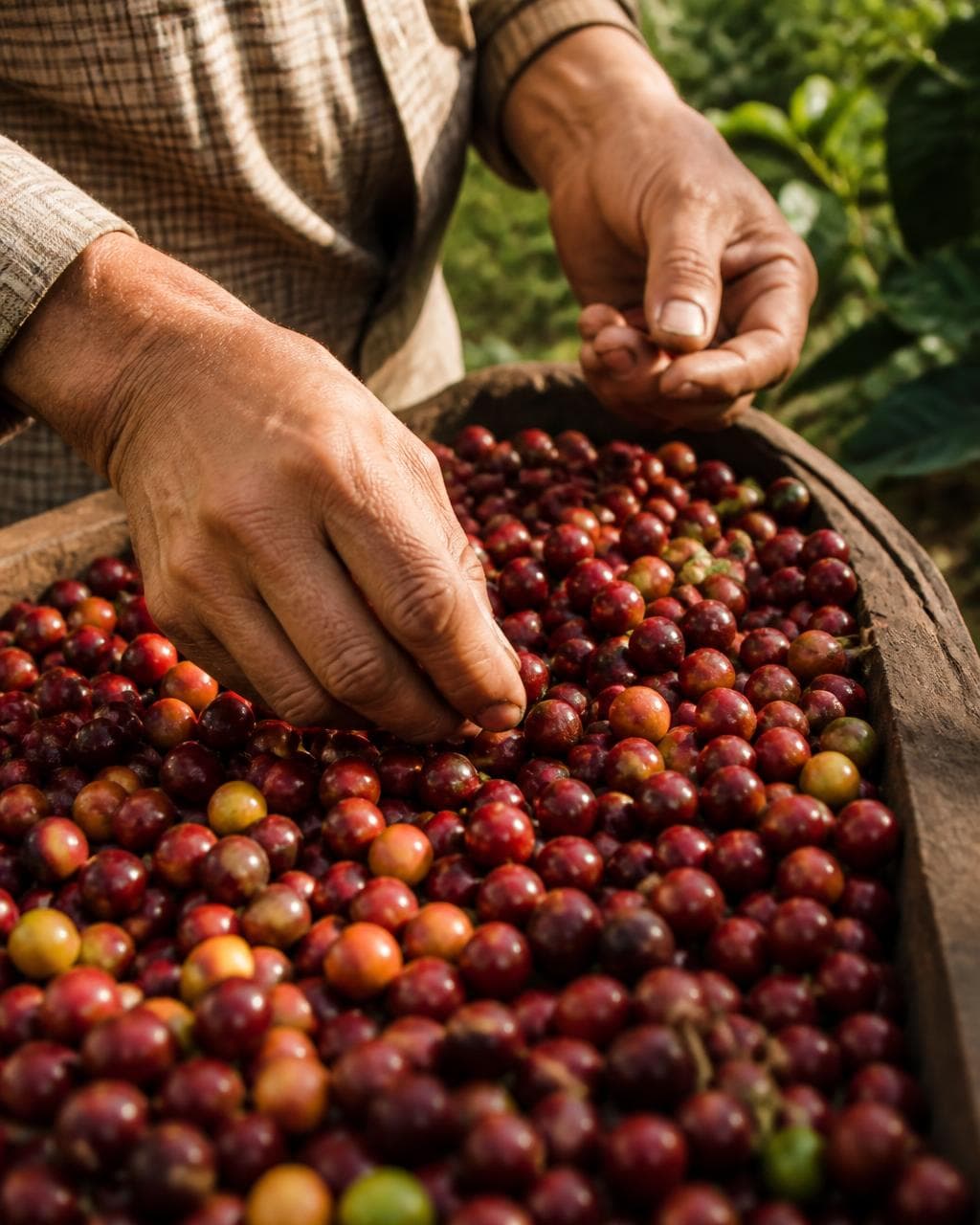 Farmer's hands sorting freshly picked ripe red coffee cherries
