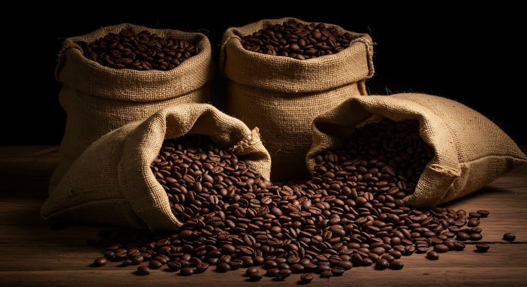 Burlap sacks of roasted coffee beans spilled across a dark wooden table