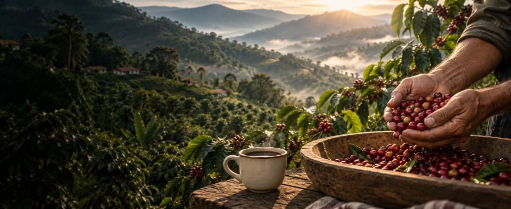 Hands holding ripe coffee cherries above a wooden bowl, with a cup of coffee and Colombian mountains at sunrise